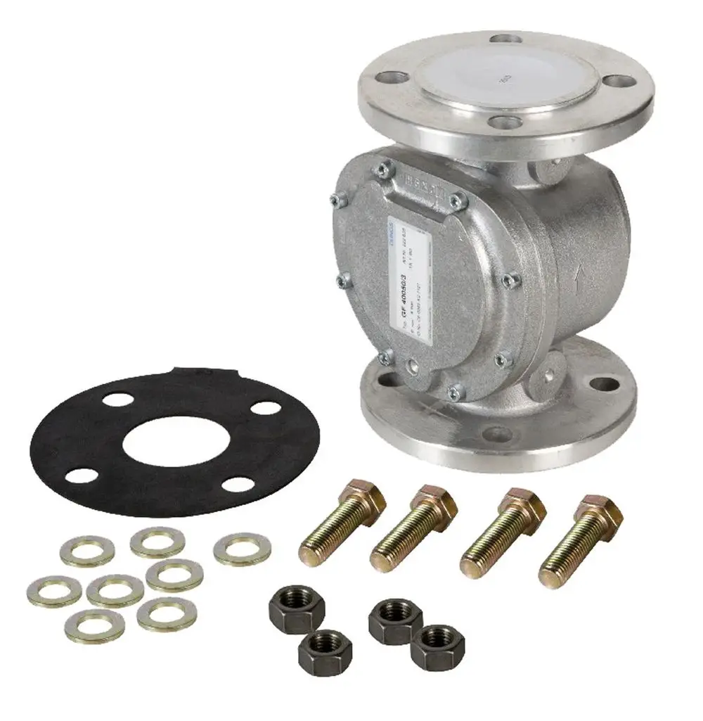 Gasfilter mit zwei Flanschen, Schrauben, Unterlegscheiben und Dichtungen, geeignet für Kaskadenanlagen, Hersteller Remeha.